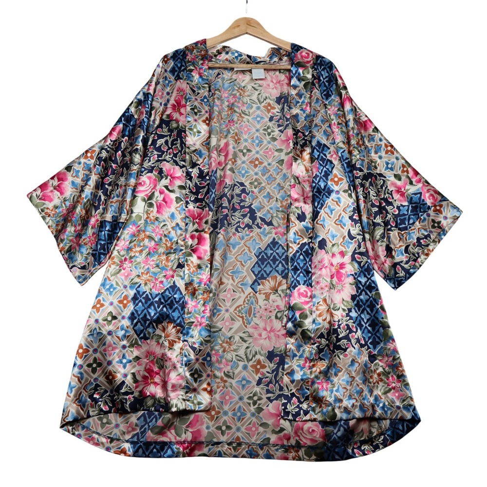 Adonna Womens Floral Patchwork Kimono Robe Silky Multi Color Medium Victorian